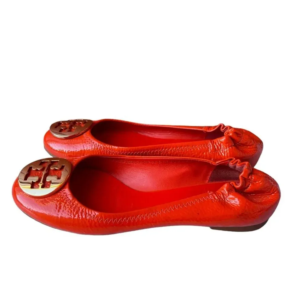 Tory Burch Minnie Travel Orange Patent Leather w/ Brass Logo Ballet Flats 7